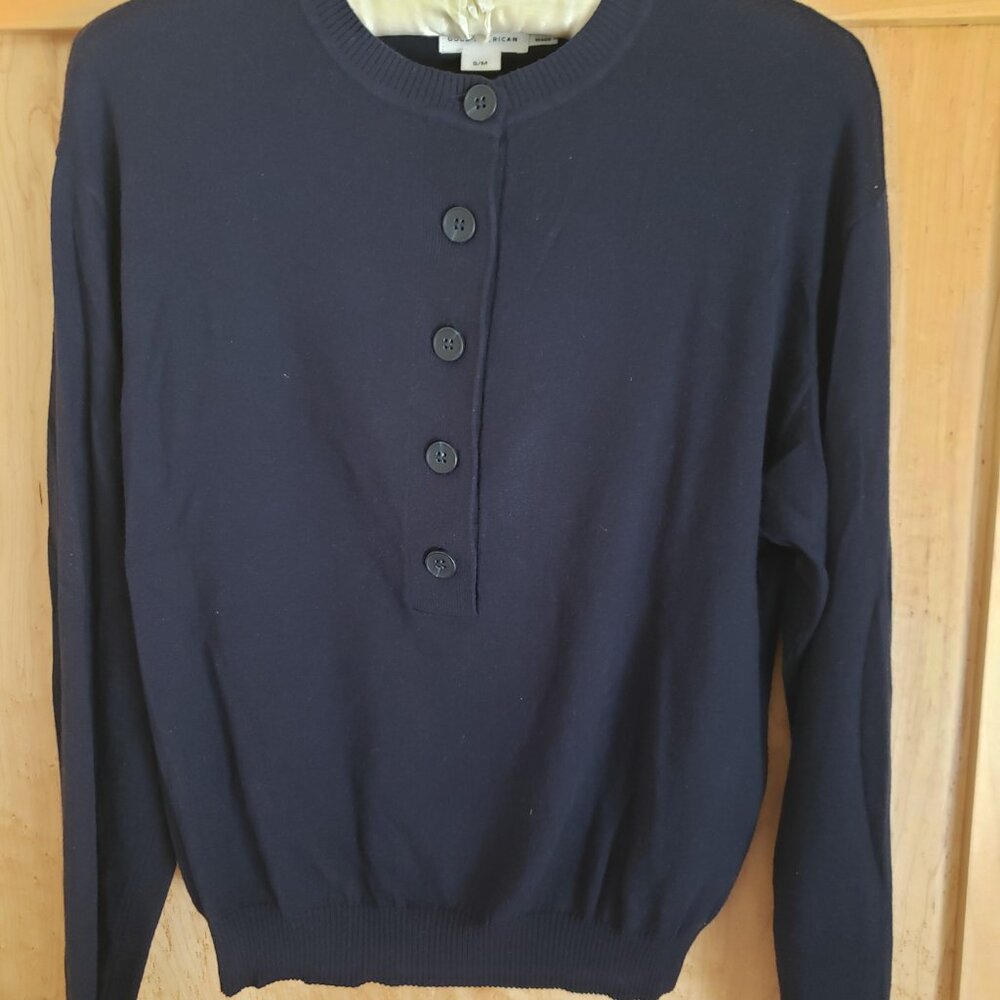 Good American Tissue Weight Cotton Blend Henley Sweater Blue Rinse Navy